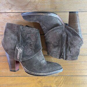 Guess Cowgirl Ankle Booties Size 5.5 - 6 Embroidered Gray Brown Boho Side Zips